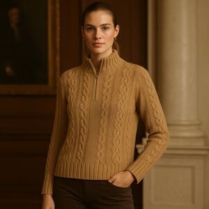 Cable Knit Tan Sweater 1/4 Zip Preppy Casual Cotton blend Basic Chic Layer